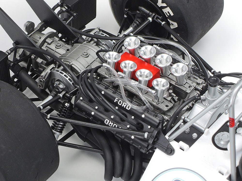 Features a realistic recreation of the 3-liter V8 engine, with tubing for the various cables and lines.